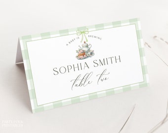 Editable Green Baby Shower Tea Party Place Card Template, Green Name Card, Baby Brunch Place Card, Baby Is Brewing Shower Place Card, T05