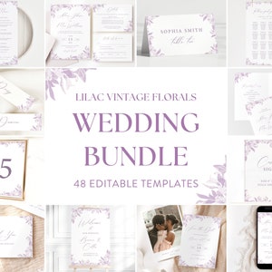 Lilac Vintage Florals Wedding Bundle Templates, Editable Purple Invitation, Lavender Wedding Printables, Violet Chinoiserie Wedding Set, B06
