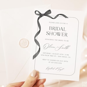 Minimalist Bow Bridal Shower Invitation Template, Modern Bridal Shower Invite, Editable Instant Black & White Bachelorette Party Invite, S20