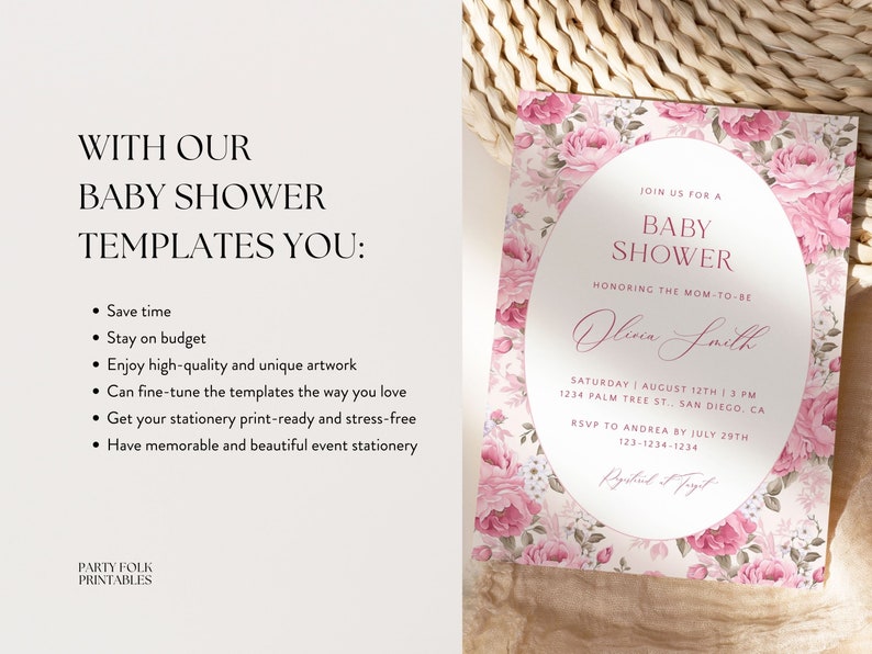 Pink Roses Baby Shower Invitation Template, Editable Shabby Chic Baby ...