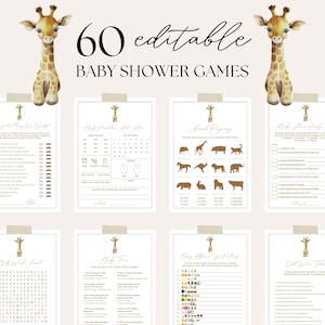 Editable Baby Giraffe Baby Shower Game Bundle, Safari Game Template, Minimalist Giraffe Baby Shower Game Pack, Boho Gender Neutral Games W10