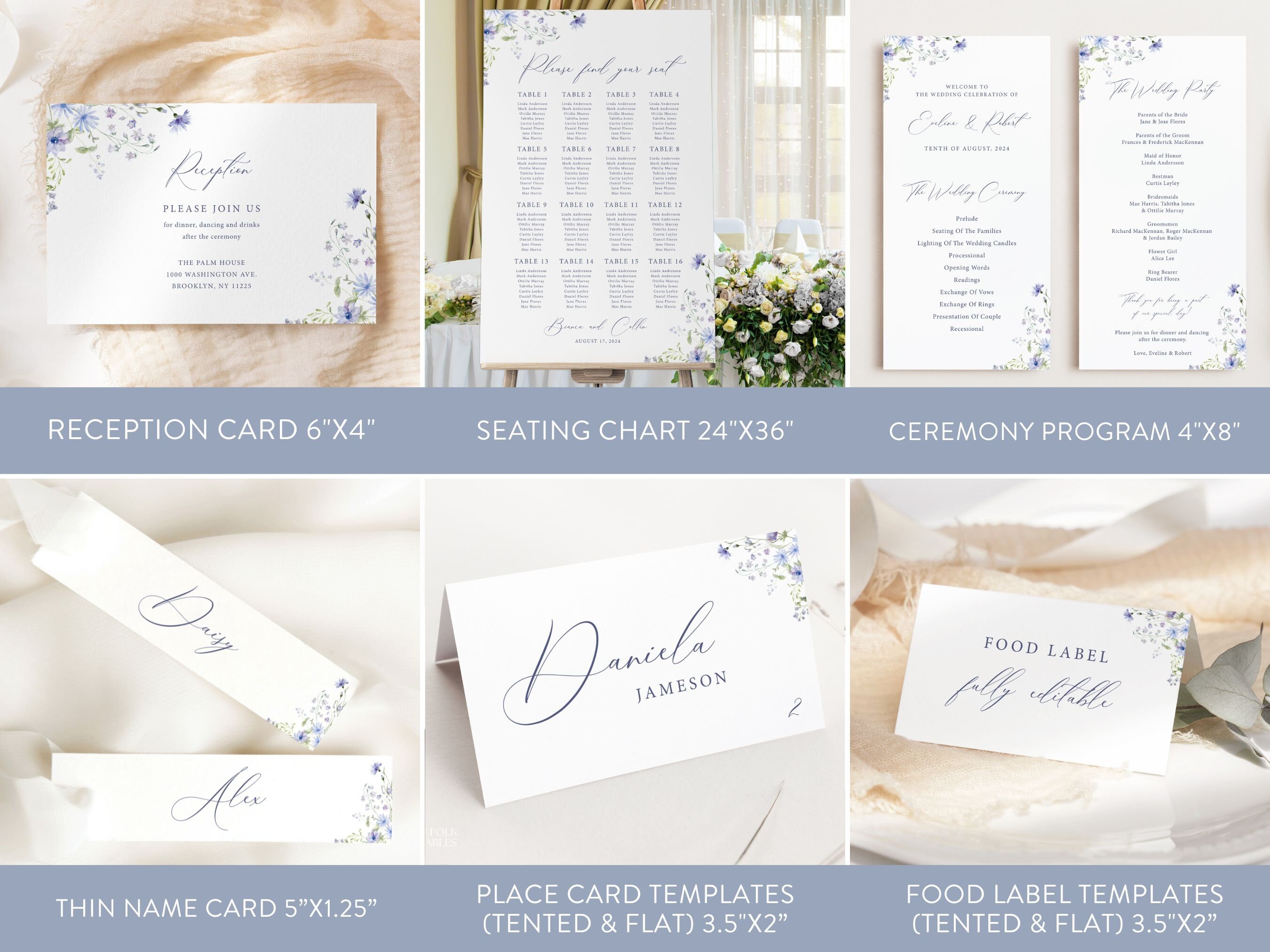 Blue Wildflower Wedding Bundle, Wedding Template Set Download, Dusty ...