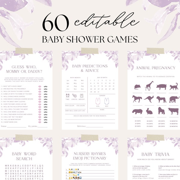 Editable Purple Floral Baby Shower Game Bundle, Lilac Vintage Flower Girl Baby Games Template, Lavender Toile Baby Shower Games Pack, A07
