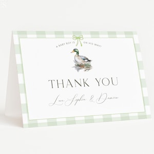 Editable Mallard Duck Boy Baby Shower Baby Shower Thank You Card Template, Green Gingham Bow Duck Shower Thank You, Thank You Note Card, W37