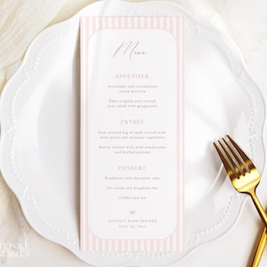 Editable Pink Striped Baby Shower Menu Template, Blush Pink Baby Shower Menu, Pink Stripes Dinner Menu, Printable Girl Shower Menu Card, S70