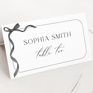 Editable Black Bow Place Card Template, Black & White Name Card, Ribbon Baby Shower Place Card, Printable Neutral Shower Tent Name Card, S20