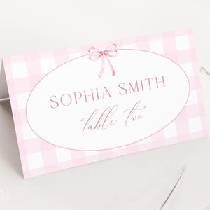 Editable Pink Gingham Bow Place Card Template, Girl Shower Name Card, Pink Plaid Bow Place Card, Printable Cute Pink Preppy Buffet Card, G02