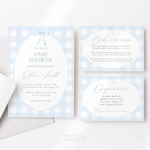 Editable Blue Gingham & Bow Baby Shower Invitation Template Set, Blue Preppy Gingham Boy Baby Shower Invite, Printable Blue Ribbon Card, G01
