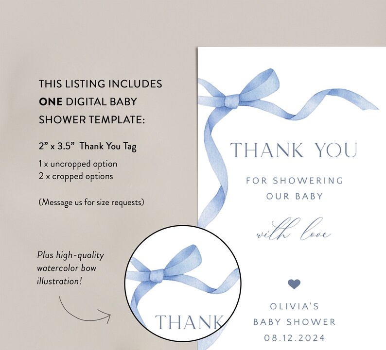 Editable Blue Bow Baby Shower Thank You Tag, Printable Boy Baby Shower ...