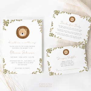 Editable Lion Baby Shower Invitation Set Templates, Boho Minimalist Safari Baby Shower Invite, Printable A Little Wild One Jungle Invite M01