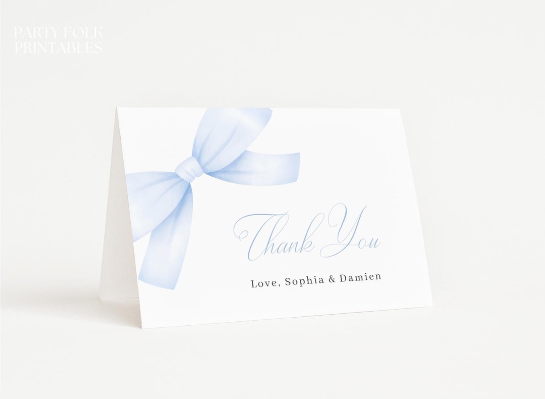 Editable Blue Bow Baby Shower Thank You Card Template, Blue Coquette ...