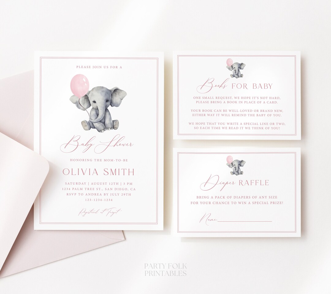 Pink Elephant Balloon Baby Shower Invitation Template Set, Elephant ...