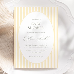 Editable Yellow Stripes Baby Shower Invitation Template, Gender Neutral Striped Baby Shower Invite, Butter Yellow Baby Shower Invitation S71