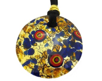 Necklace with curved round pendant in Murano glass, 24k gold leaf and millefiori murrine