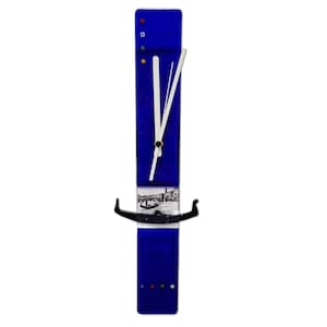 May include: A blue glass clock with a white face and black hands. The clock has a black metal stand and a small image of a gondola in Venice.