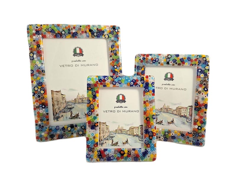 May include: Three decorative photo frames with colorful mosaic borders. The frames are in varying sizes, each featuring a print of a canal scene and the text "Vetro di Murano". The mosaic design incorporates blue, yellow, red, and green elements.