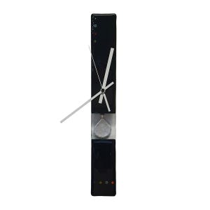 May include: A modern, rectangular wall clock with a black face and white hands. The clock features a silver pendulum and colorful accents. The clock measures approximately 20 inches in height.