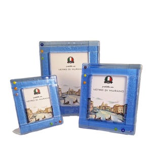 Double Murano Glass Photo Frame Sky blue with Murrine