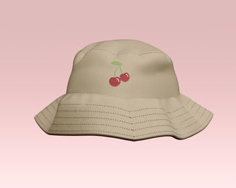 Embroidered Cherry Beige Bucket Hat – Sun Hat