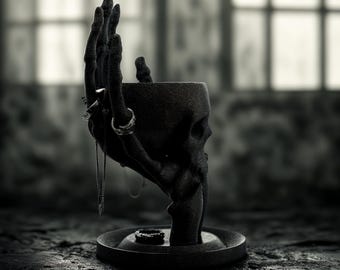 Jewelry holder, Skeleton hand ring holder, Gothic jewelry display, Black skull tray, Skull & Hand Jewelry Holder | Night Sky