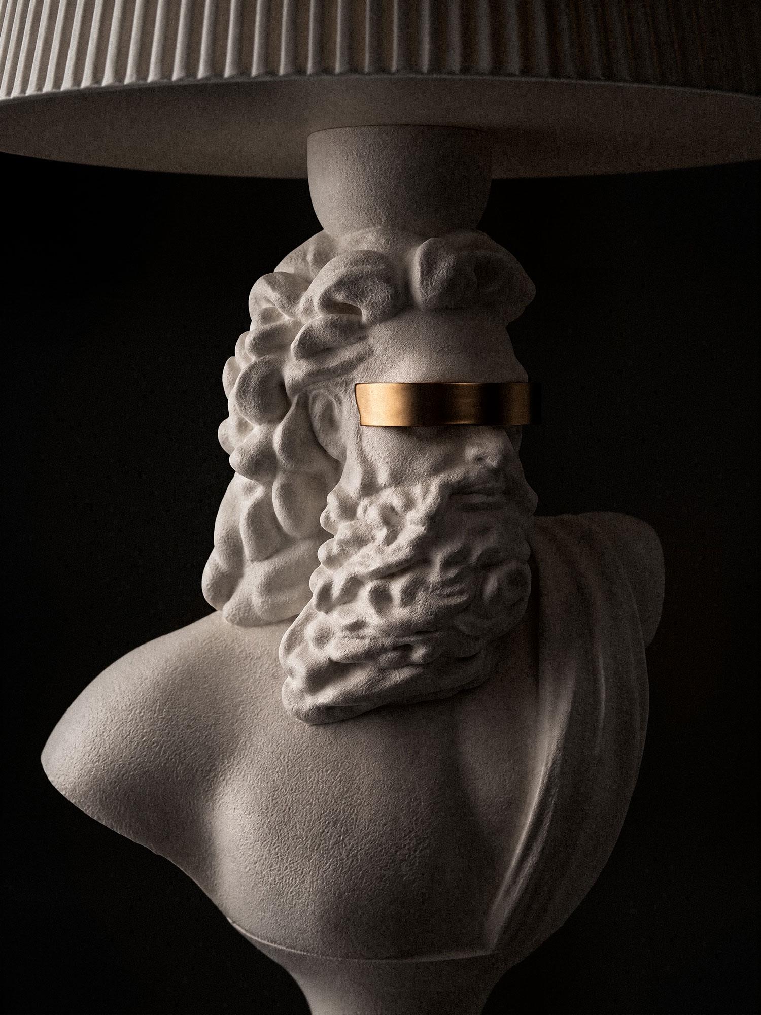 Blind Zeus Sculptural Light, White Greek Bust Light, Gold