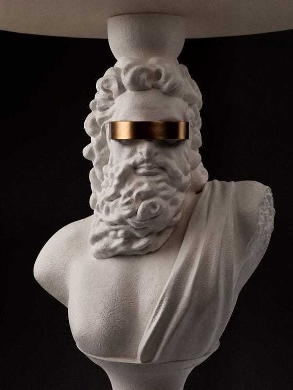Blind Zeus Sculptural Light, White Greek Bust Light, Gold