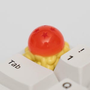 May include: A red and yellow custom keycap sits atop a white keyboard. The keycap is a sphere with stars, resting on a yellow base. The keyboard keys include "Tab", "Capslock", and number keys.