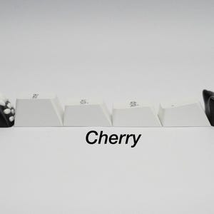 May include: Five white keyboard keycaps with black and white skull keycaps on either end. The keycaps are labeled "ESC", "F1", "F2", "F3", and "F4". The text "Cherry" is printed below the keycaps.