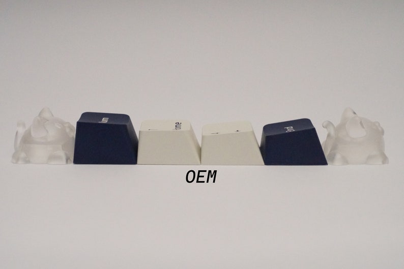 May include: Four keycaps, two white and two dark blue, with the word "OEM" printed below them. The keycaps are flanked by two clear plastic keycap pullers.