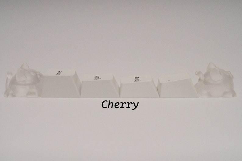 May include: Five white keycaps with a clear plastic keycap on each end. The keycaps have the word "Cherry" printed on them.