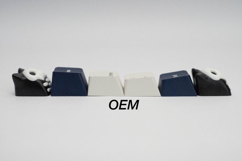 May include: Five keycaps, two black, two white, and one blue. The black keycaps have a white circle with a black dot in the center. The white keycaps are blank. The blue keycap has the word "OEM" printed on it.