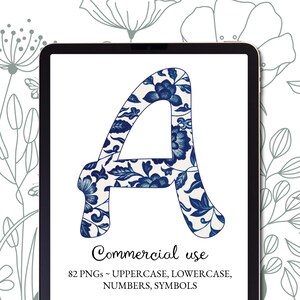 Elegant blauw chinoiserie-alfabet, bloemen-png-letters voor sublimatie, ambachten en commercieel gebruik