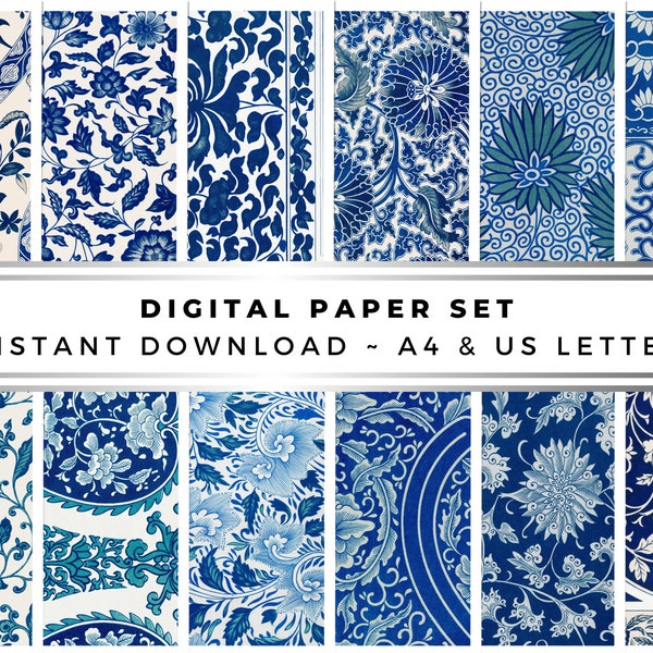 Ensemble de papier numérique ~ Ensemble de motifs floraux bleu oriental 12 modèles