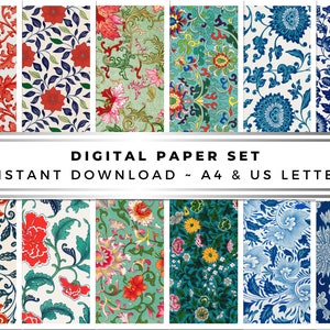 Digital Paper Set ~ Oriental Floral Pattern Bundle 12 Designs