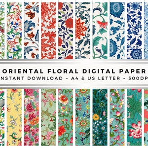 Oriental Floral Digital Paper, Chinese Decorative Flower Patterns, 24 Design Bundle