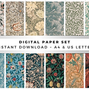 Digital Paper Set ~ William Morris Rustic Antique Flower Patterns 12 Design Bundle