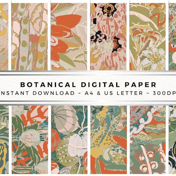 Botanisch Art Deco digitaal papier, Edouard Benedictus bloempatronen, 12 ontwerpbundel