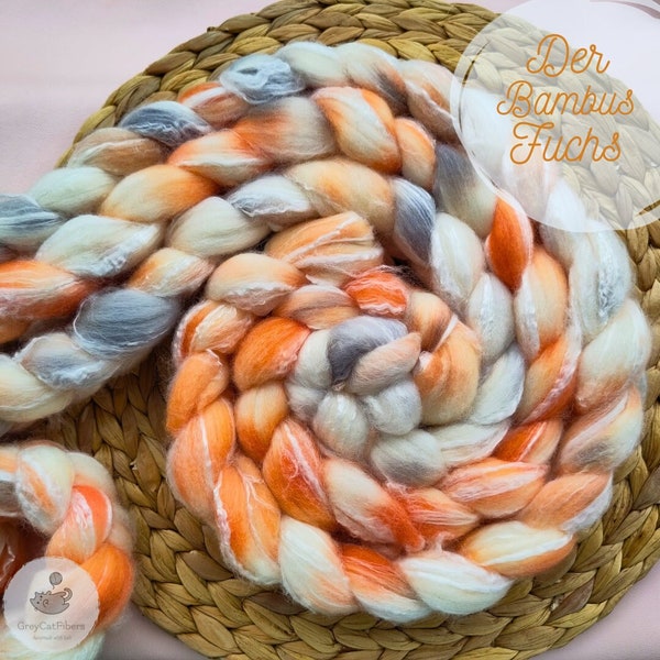 Handgefärbter Kammzug aus feinem Merino und Bambusviskose in flauschig-fuchsigen Farben zum Handspinnen - 100g - Der Fuchs - Charge Nr. 3/23