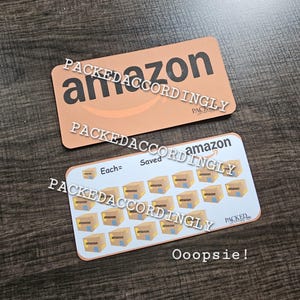 May include: Two rectangular cards with rounded corners. The top card is peach-colored with the black Amazon logo. The bottom white card features a grid of small Amazon shipping box illustrations, the text Each= Saved, and the word Ooopsie! at the bottom.