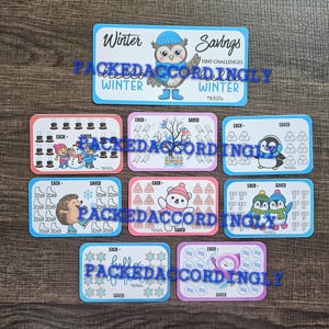 May include: A collection of nine rectangular savings challenge cards featuring winter-themed illustrations including an owl, a hedgehog, penguins, and a bear. Each card displays icons for tracking progress with text labels such as Winter Savings, Each, and Saved.