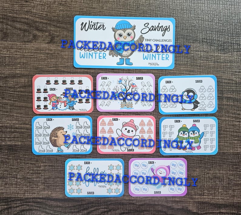 May include: A collection of nine rectangular savings challenge cards featuring winter-themed illustrations including an owl, a hedgehog, penguins, and a bear. Each card displays icons for tracking progress with text labels such as Winter Savings, Each, and Saved.