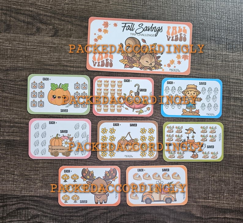 May include: A collection of nine rectangular savings challenge cards featuring autumn-themed illustrations including a squirrel, pumpkin, scarecrow, wagon, flowers, goose, moose, and truck. Each card displays the text "EACH" and "SAVED" with icons.