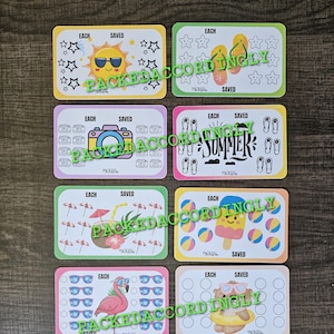 May include: Eight rectangular savings tracker cards featuring summer themes including a sun, flip-flops, a camera, the word SUMMER, tropical drinks, a popsicle, a flamingo, and a bear. Each card has icons or circles to mark progress.