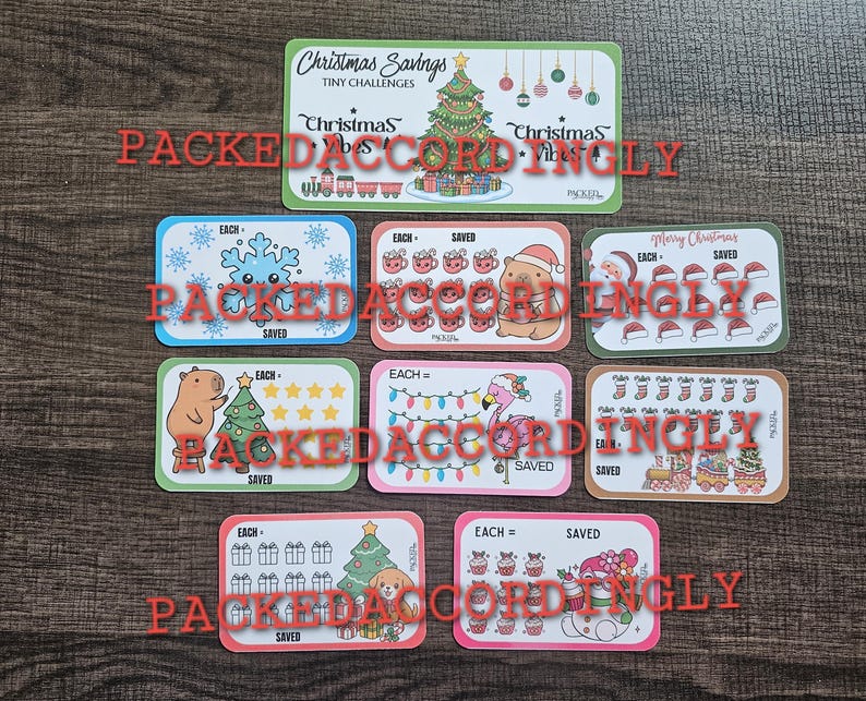 May include: A collection of eight rectangular Christmas savings challenge cards featuring colorful illustrations of a decorated tree, a snowflake, a capybara, a flamingo, a snowman, and holiday icons with text including Christmas Savings and Tiny Challenges.
