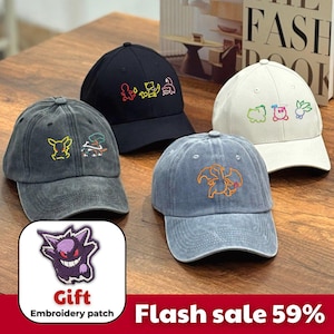 Buy 1 get 1 - Custom Poke Characters Embroidered Cap, Personalization Anime Sun Hat, Poke Lover, Gift For Friends, Family Trip Hat EHH459.C