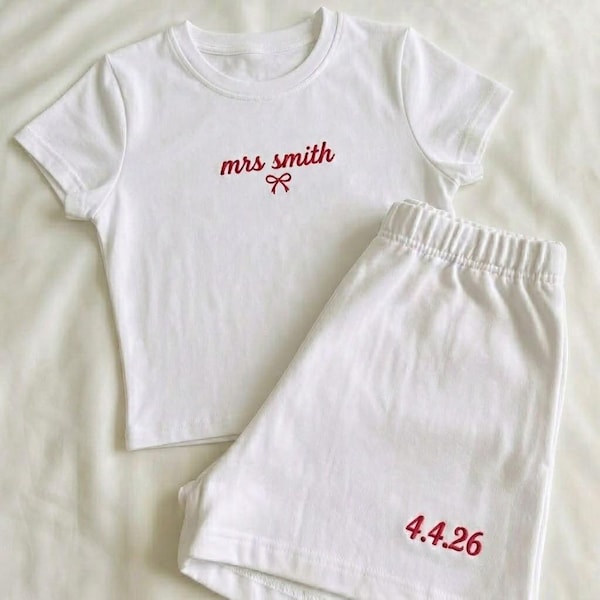 Custom Bridal Embroidered Baby Tee and Shorts Set, Personalized Tank Top, Bachelorette Party Idea, Y2k Baby Tee, Bridesmaid Gift