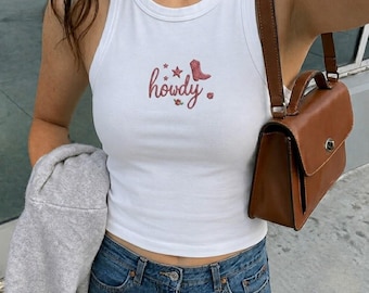 Y2K Howdy Embroidered Croptop Tanktop, Custom Cowgirl Boots And Starfish Shirt, Nashville Rodeo  Tee, Western 90s Vintage Style Gift For Her