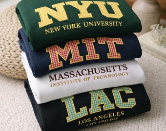 Custom University Embroidered Sweatshirt, Personalized Varsity College Name, Applique Letter Tee, Preppy Campus, Sorority Student Gift