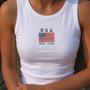 American 1776 Embroidered Croptop Tanktop, Patriotic USA, 4th of July Tee, Red White Blue Independence Day Top, USA Summer Tank Gift