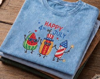 Happy 4th of July Embroidered Mineral Wash T-Shirt, Patriotic Doodle Flag Tee, Watermelon Hotdog Firework, USA 250th Anniversary Gift